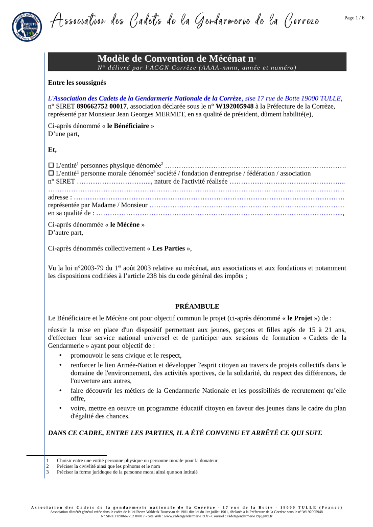 Aperçu de la convention type de mécénat proposée par l'ACGN Corrèze