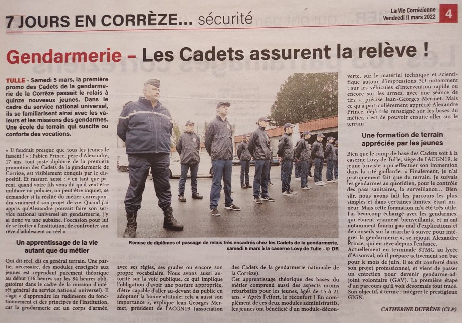 L'article « Gendarmerie - Les Cadets assurent la relève ! » de Catherine Dufrene, publiée dans le journal La Vie Corrézienne du 11 mars 2022
